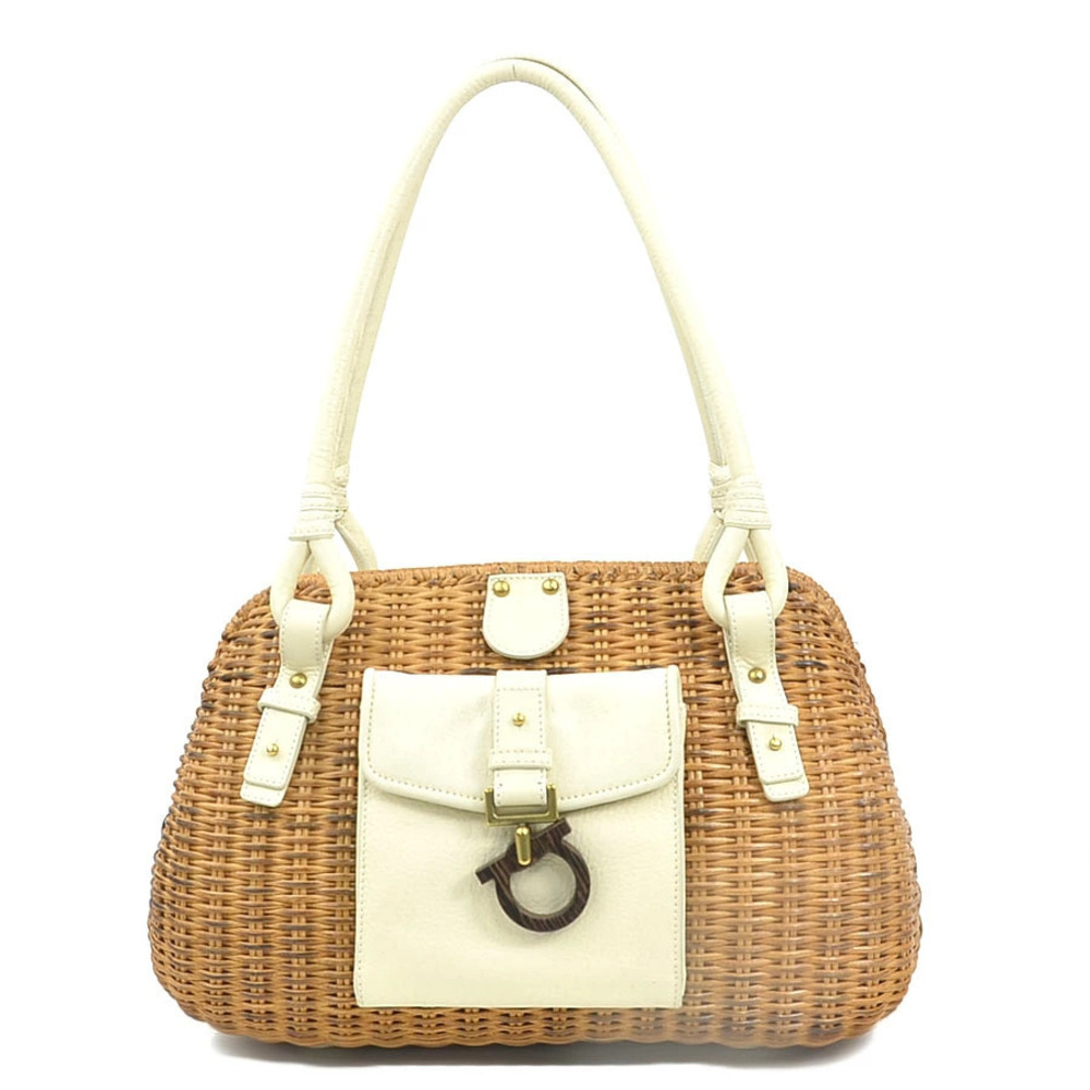 Salvatore Ferragamo shoulder bag Gancini Straw Tan leather brown off white gold
